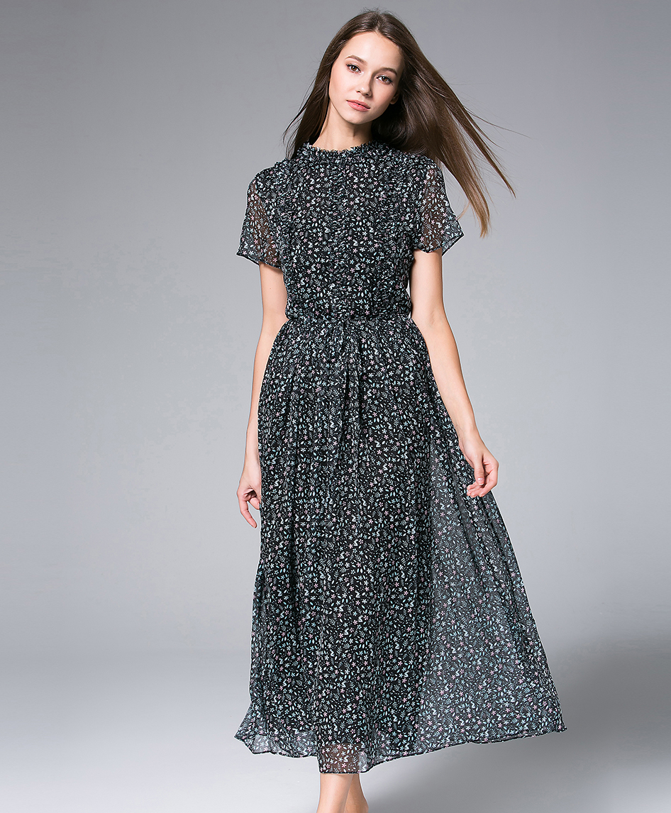 Dress - Black Printed Chiffon Maxi Dress